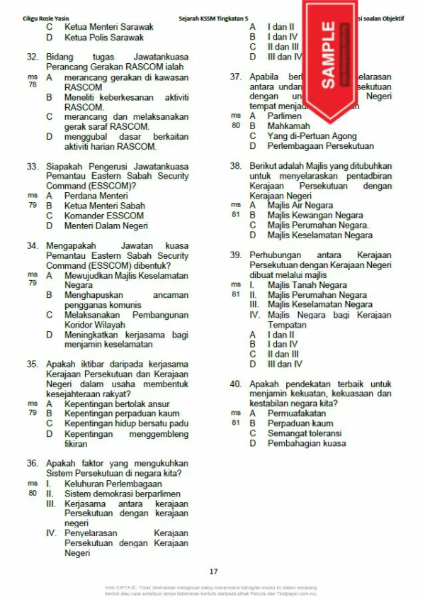 Soalan Latihan Objektif Sejarah Tingkatan 5 KSSM