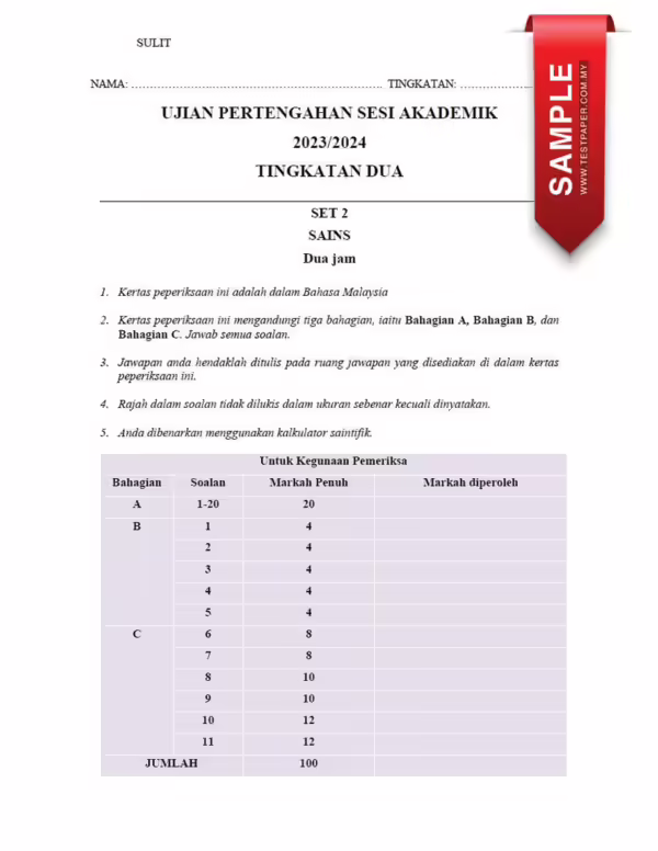 Ujian Pertengahan Tahun Sains Tingkatan 2 2023-2024